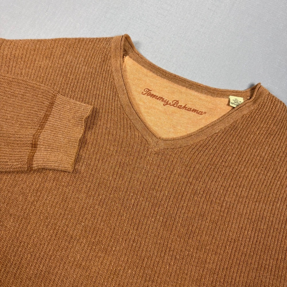 Tommy Bahama Mens XL V-Neck Sweater Copper Brown Ribbed Knit 100% Cotton L/S